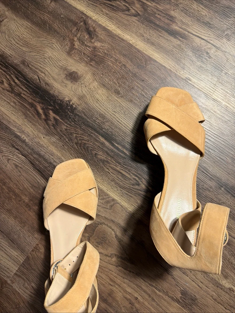 Stuart Weitzman Beige Suede Platform Chunky Block Heels Sandals  Size 8.5 M